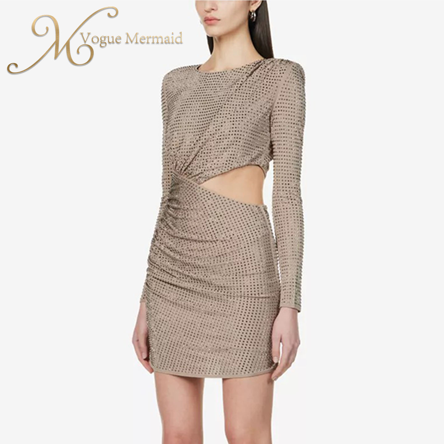 Sexy Expose Waist Hot Fix Rhinestone Long Sleeve Rhinestone Dress